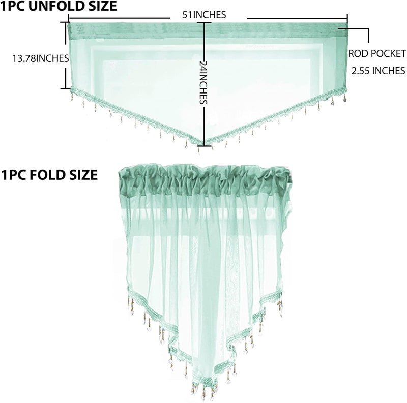PearAge Beaded Sheer Valance Curtains for Living Room,Rod Pocket Farmhouse Window Valance, Bead Trim Tassel Voile Sheer Curtain Valance for Bedroom Bathroom Cafe 51x24 Inches (Mineral Blue) 1PC - Image 2